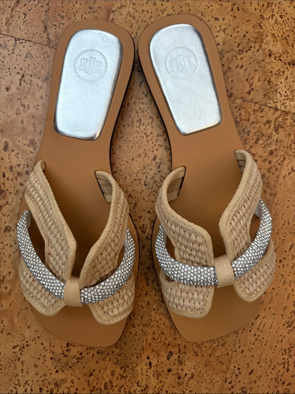 Raffia Braided Slide Sandals with Rhinestone Accent